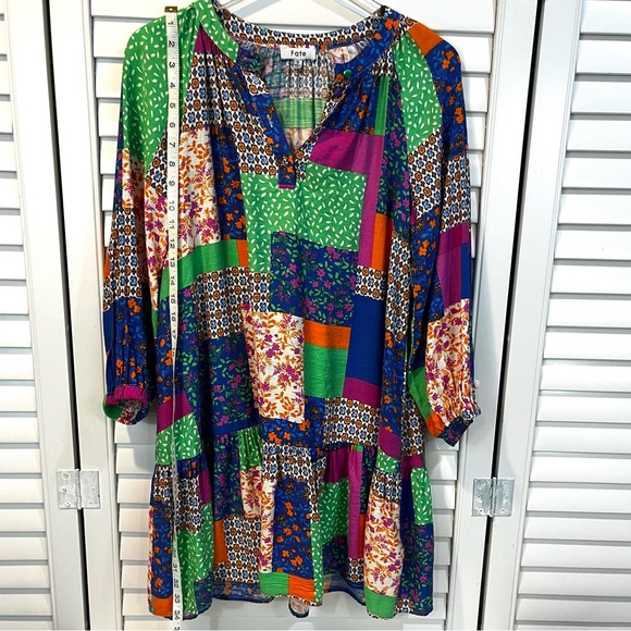 Fate Womens All In Good Time Green Patchwork Mini Dress Sz Small Floral Popover - Picture 7 of 14